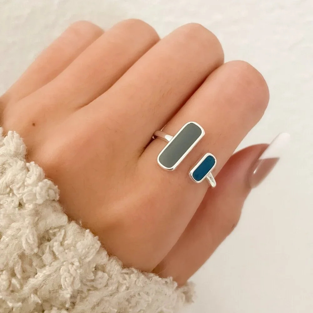 925 Sterling Silver Bar Ring Dainty Bar Ring Minimalist Blue Double Bar Ring